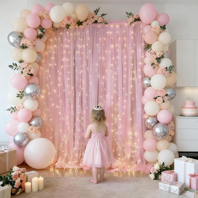 10×10ft Pink Tulle Backdrop Curtain with Lights String for Parties, Sheer Photo Curtain Backdrop Drapes for Wedding Party Photography Backgrounds