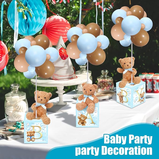Lenwen 3 Sets Jungle Animal Decoration for Baby Shower Letter Boxes Baby Shower Table Centerpiece Stuffed Animals Balloon with Stand Plush Boxes for Party(Blue,Bear)