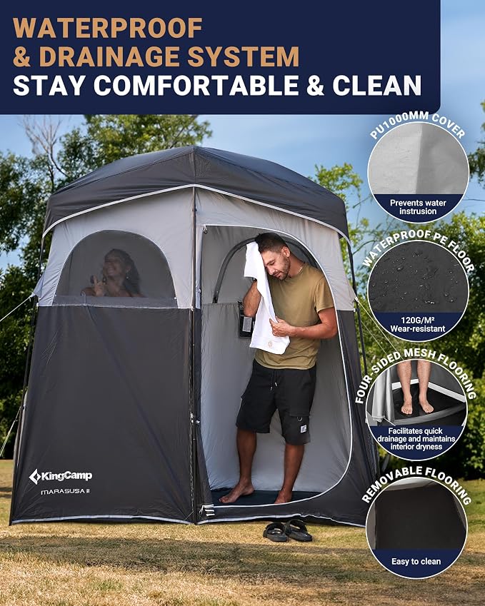 KingCamp Camping Shower Tent, Portable Outdoor Privacy Toilet & Changing Tent Windproof & Waterproof Easy Setup Shelter with Shower Bag for Camping Hiking Beach