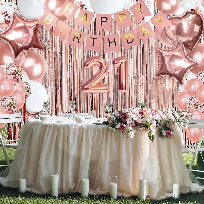 255 Pcs Rose Gold 21th Birthday Decorations for Women – Party Decoration Supplies Kit with “Happy Birthday” Banner, Balloons, Crown, Sash, Cake Topper, Tableware & Fringe Curtain for 25 Guests
