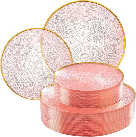 Liacere 60Pcs Pink Plastic Plates-Pink Disposable Plates With Gold Rim-Heavy duty Gold Plates,Water ripples Party Plates Include 30Dessert-Platos,30Dinner-Platos for Weddingy&Mother's Day&Party＆Spring