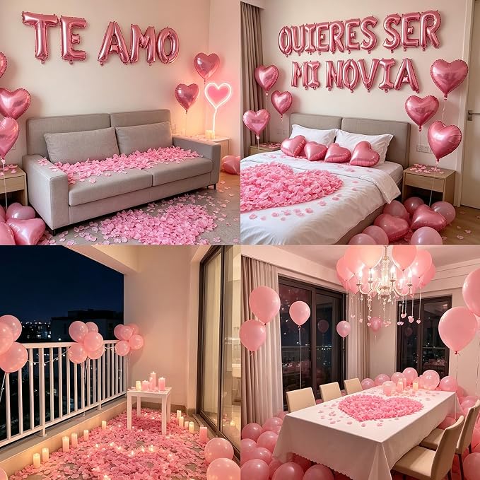 2 Set Pink QUIERES SER MI NOVIA Balloons - 1200pcs Pink Artificial Rose Petals 34pcs 16" Letter Balloons 10pcs 18" Heart Balloon Alphabet Foil Mylar Balloon for Valentines Day Decorations
