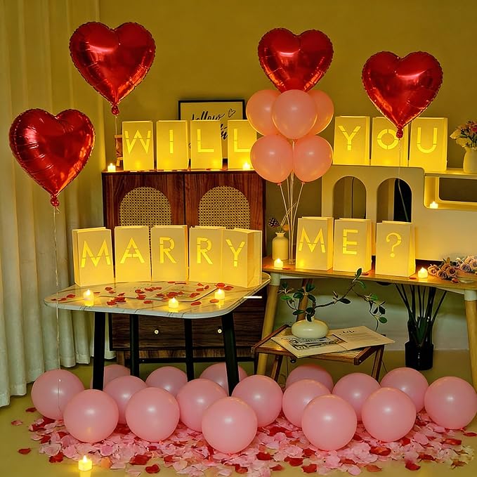Will You Marry Me Light Up Letters Proposal Decorations with Luminary Paper Bags,Led Tea Candles,Rose Petals and Heart Balloons for Romantic Night,Valentines Day,Engagement Party,Proposals