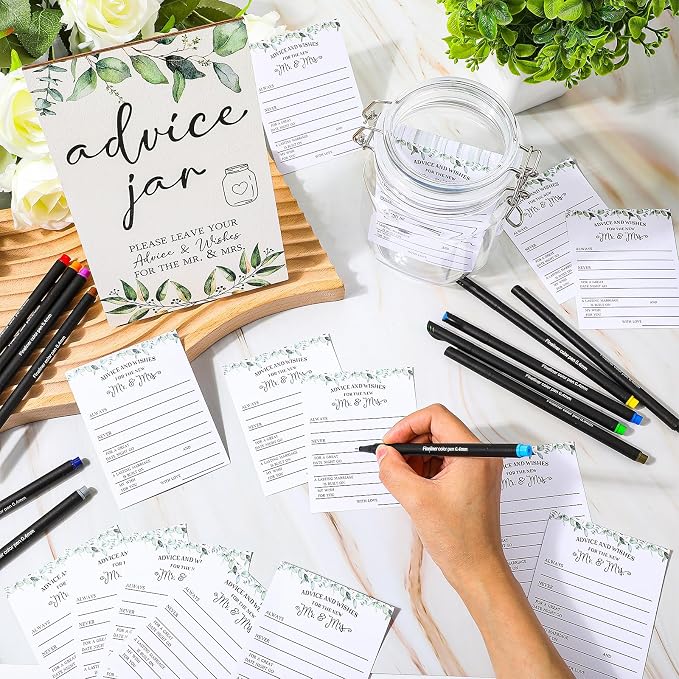 Sintuff 114 Pcs Advice and Wishes for The Mr and Mrs, Greenery Wedding Advice Jar, Green Leaves Bridal Shower Games, Advices and Wishes Cards and Sign for Bride and Groom, Wedding Games for Reception