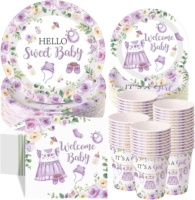 Pickmesh 250 Pcs Purple Floral Baby Girl Shower Disposable Tableware Set Hello Sweet Baby Paper Plates Napkins Cups Cutlery for Gender Reveal Birthday Party Supplies Babies Shower, Serve 50 Guest