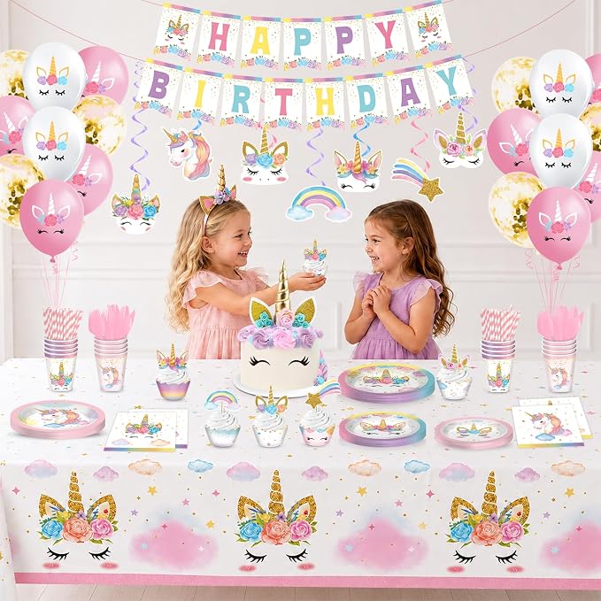 Unicorn Birthday Decorations, Unicorn Party Decorations, Rainbow Birthday Decor for Girls, Includes Plates, Cups, Napkins, Banner, Tablecloths, Balloons, Cupcake&Cake Topper serve 24 Guests