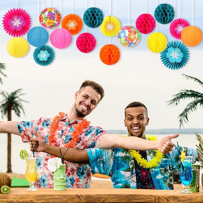 Retisee 18 Pcs Tropical Hibiscus Party Decorations Kit Colorful Hibiscus Flower Paper Lanterns Tropical Flower Hanging Paper Fans Luau Party Hanging Honeycomb Ball for Summer Hawaiian Decor Supplies