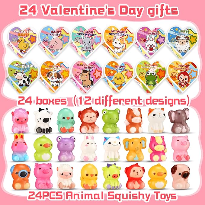 Valentines Day Gifts for Kids, 24PCS Animal Squishies with to from Valentine Cards Box, School Classroom Exchange Party Favors