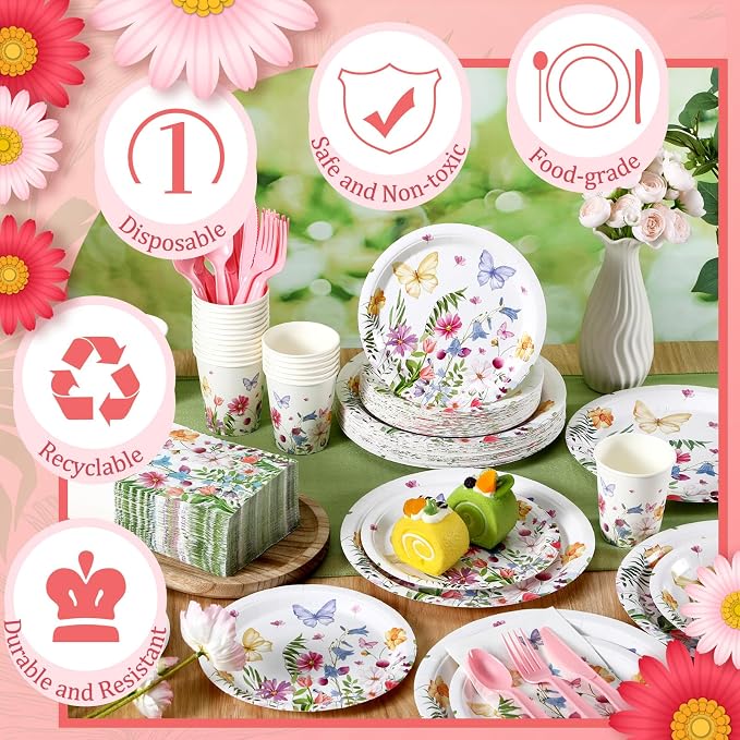 Sinmoe 400 Pcs Spring Wildflower Plates and Napkins Set Paper Flower Dinnerware Disposable Party Supplies for 50 Guest Floral Dinnerware Knife Fork Spoon for Spring Birthday Baby Shower Wedding Party