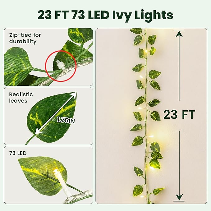 HEYFUNi Vines with Lights 23FT, Faux Pothos String Lights Plug in | 73 Warm White LEDs, Artificial Pothos Leaf Lights For Bedroom, Wall, Balcony, Wedding, Party, Dorm, Aesthetic Decor