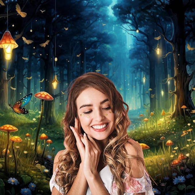 Fantasy Forest Backdrop Night Magical Forest Mushroom Tranquil Stream Photography Background Rainforest Jungle Tree Natural Landscape Backdrop Decorations Glittering Luminous Mushroom Props 5x4ft