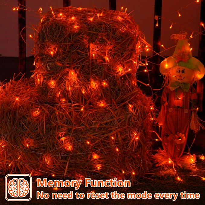 YEGUO Thanksgiving Lights Battery Operated, 2 Pack Each 33ft 100 LED Orange String Lights Outdoor Waterproof, Clear Wire Fairy Christmas Light Indoor with Remote