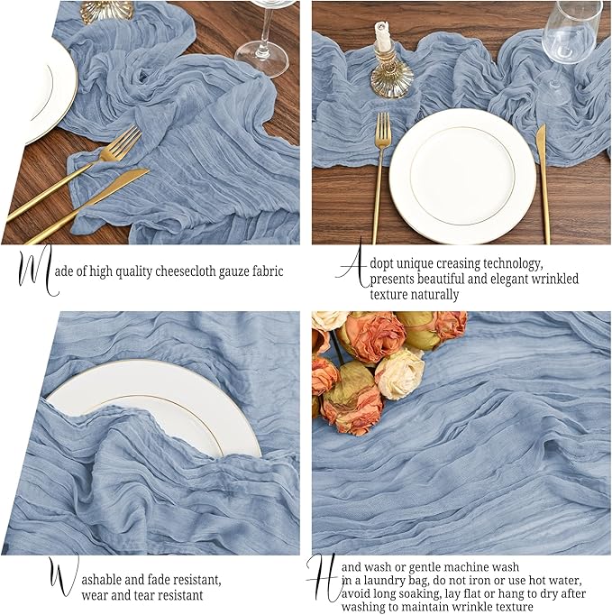 24 Pack Dusty Blue Table Runner 10Ft Cheesecloth Table Runner Rustic Gauze Table Runners Romantic Long Sheer Fabric Cheese Cloth Table Runners for Wedding Party Bridal Baby Shower