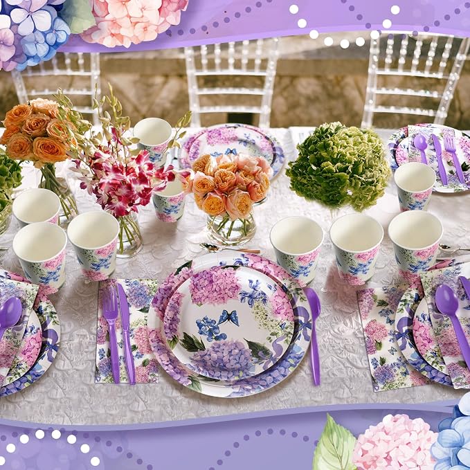 400 Pcs Hydrangea Flowers Spring Plates and Napkins Bridal Shower Plates and Napkins Sets Baby Shower Party Decorations Disposable Dinnerware Set