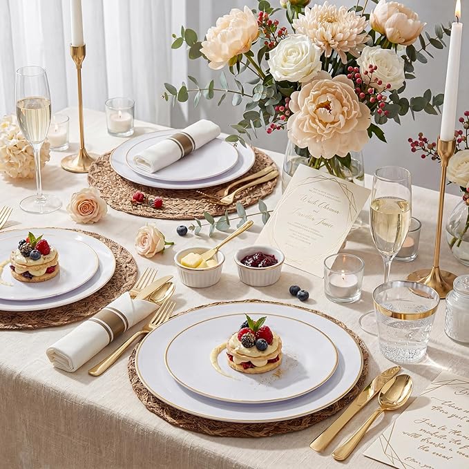 KIRE 350 PCS White and Gold Plates Disposable - Elegant Dinnerware Set of 50 Guest, White Plastic Plates With Gold Rim, Pre Rolled Napkins with Silverware & Cups for Party/Wedding/Mother's Day