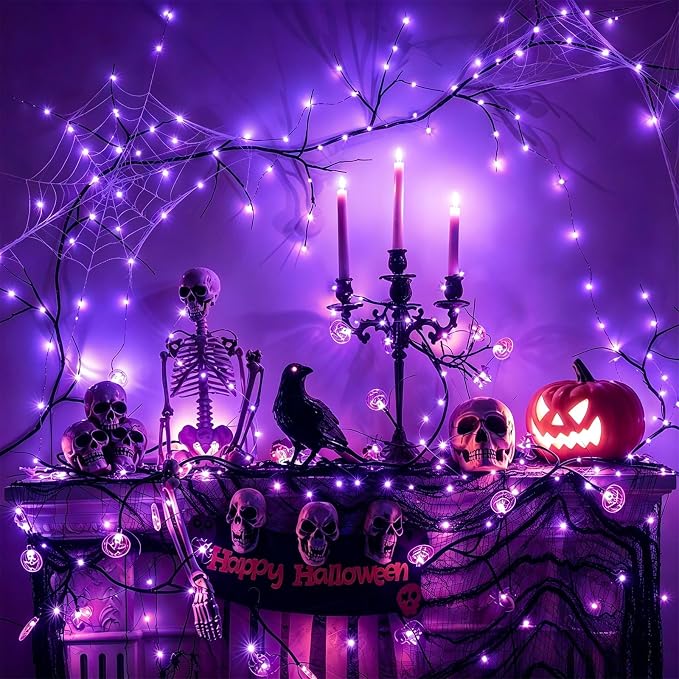 YEGUO Fairy Lights Battery Operated, 8 Packs Each 16ft 50 LED String Lights, 2 Modes Silver Wire Christmas Twinkle Light Indoor for Halloween Bedroom Wedding Party Holiday Gift(Purple)