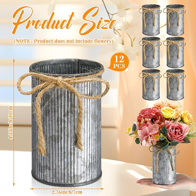 Rustic Vase for Table Centerpieces 4.33 Inch Small Petite Flower Vase with Twine Bow Vintage Farmhouse Decor for Wedding Reception Dining, Home Galvanized Metal Buckets(Iron Color,12 Pcs)