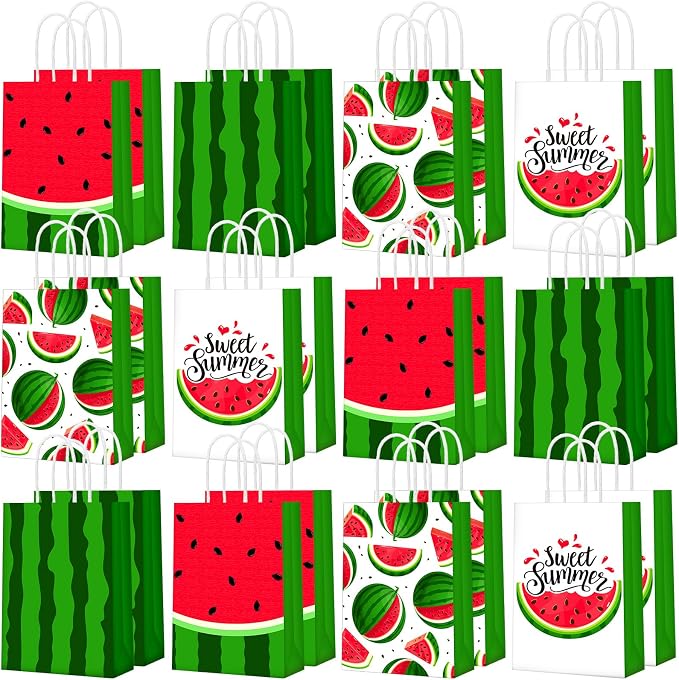 Outus 24 Pieces Watermelon Party Bags Watermelon Paper Goodie Bags Party Favor Bags Watermelon Treat Candy Bags Summer Fruit Birthday Party Supplies for Summer Pool Party Decorations