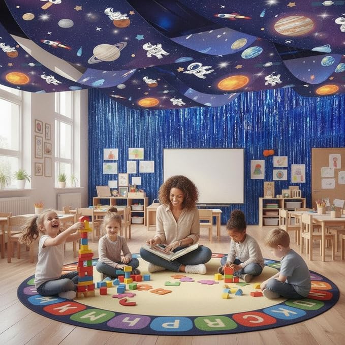 Irenare 5 Pcs Space Ceiling Decorations Planet Galaxy Party Decoration Set Astronaut Star Hanging Banner Dark Blue Tinsel Foil Fringe Curtain with Sparkling Stars for Space Astronaut Birthday Party