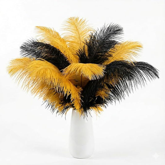 Lamar 20Pcs 14-16'' Black and Gold Ostrich Feathers - 1920s Style Gatsby Party Decorations, Masquerade Party Centerpieces, Great Gatsby Decor, Wedding, Party Supplies