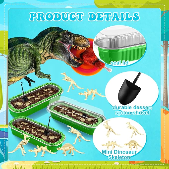 24 Set Dinosaur Fossil Skeleton Cake Toppers Dig Kit Mini Baking Pans with Lids and Shovel Spoons Desserts Tray for Baby Shower DIY Dinosaur Cake Decorations Dino Birthday Party Supplies