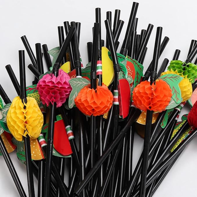 100pcs Fruit Drinking Straws, Disposable Honeycomb Plastic Straws, Tropical Hawaiian Beach Cocktail Pool Luau Party Decorations Supplies