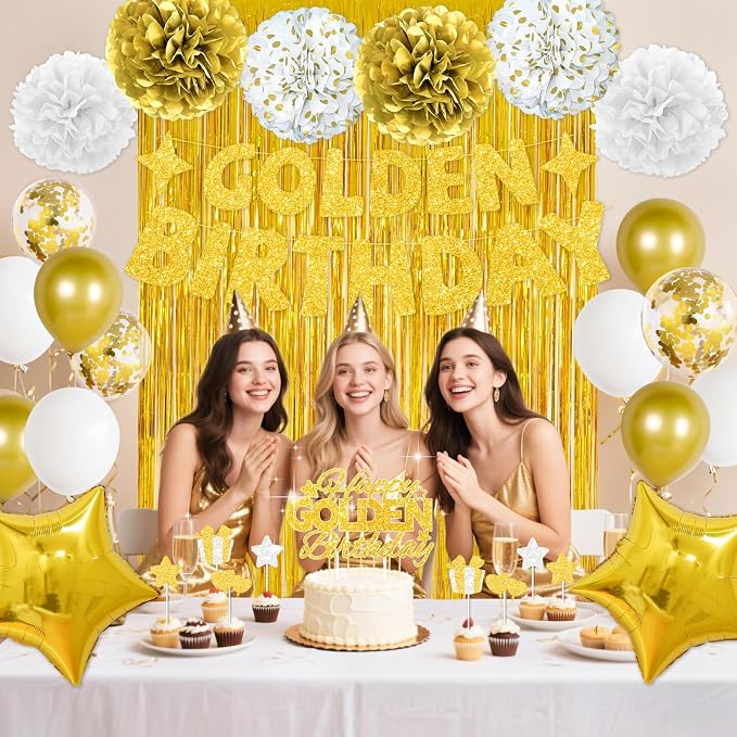 Golden Birthday Party Decorations, 40PCS Gold Decorations Include It's My Golden Birthday Sash Banner Balloons Foil Fringe Curtain Paper Pompoms, Gold Party Supplies for Women Girls Men