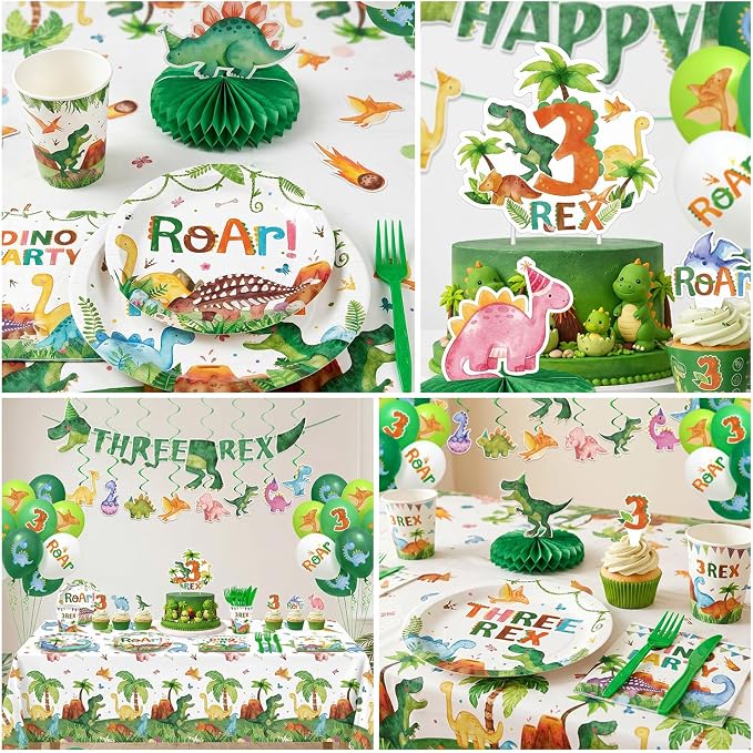 210 Pcs 3rd Dinosaur Birthday Party Decorations 24 Guests ，Three-Rex T-Rex Rawr Dino Party Supplies with Banner Hanging Plates Napkins Cups Forks Knives Tablecloth Topper Balloons for Boy Party