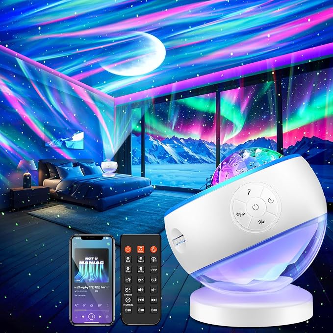 Northern Lights Projector Galaxy Projector with 300+ Light Effects Sound Machine, LED Star Projector Aurora Light, Remote Control, 15 White Noises Bluetooth Speaker Birthday Gifts for Kids Room Decor