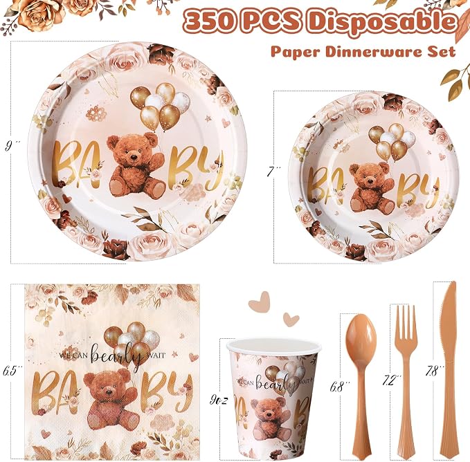 FillTouch 350 Pcs We Can Bearly Wait Bear Plates Baby Shower Party Supplies Set Disposable Paper Plates Napkins Cups Knives Forks Spoons for 50 Guests Baby Shower Party Birthday