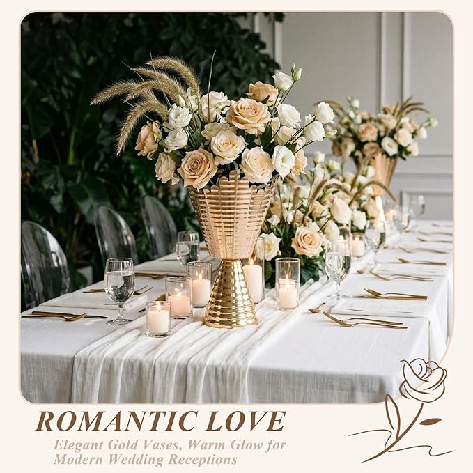 Gold Vases for Centerpieces 2 Pcs: 9in Tall Vases Centrepieces for Tables Decorations, Gold Flower Vases for Wedding, Home, Party & Anniversary