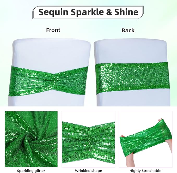 Poise3EHome Green Sequin Chair Sashes, Double Sided Glitter Folding Chair Cover Bands for Christmas Party Ceremony Banquet Decorations, 20 PCS