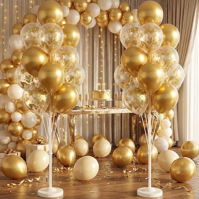Balloon Column Kit Set of 2 With Confetti Balloons Included - Balloon Tower with Stand, Base, and Pole,Backdrop Decoration for Wedding, Baby Shower, Birthday Party, or Bachelorette Parties (Gold)