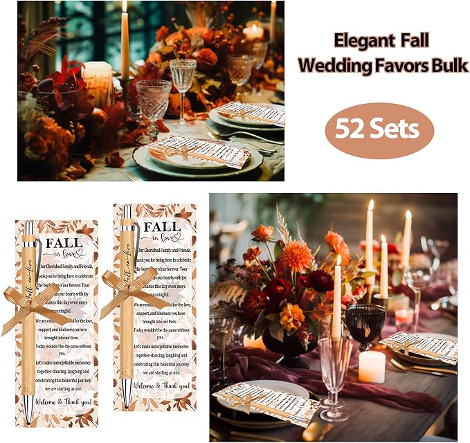 52 Packs Wedding Thank You Gifts for Guests Fall in Love Bamboo Pens Sets with Thank You Tags Autumn Wedding Give Away Bridal Shower Favors Bulk for Women