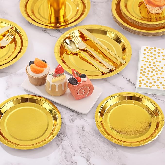 168pcs Gold Paper Plates Party Plates and Cups and Napkins Sets,Gold Plates Party Supplies Disposable Dinnerware Set Serves 24 for Anniversary Graduation Birthday Party Decorations