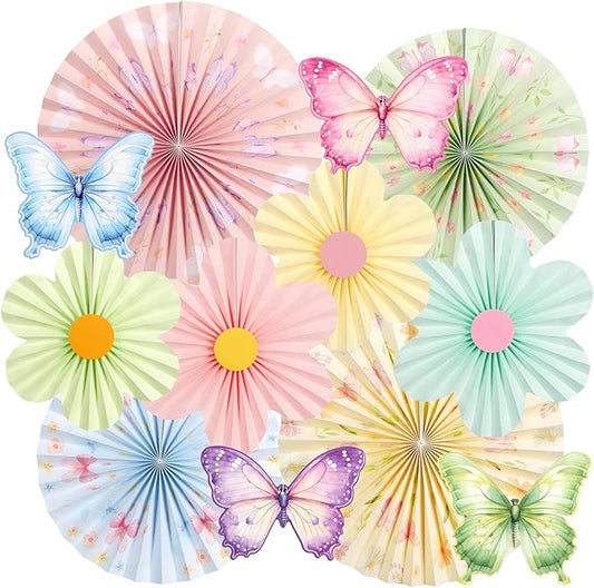 Spring Flower Decorations Pastel Paper Flower Butterfly Decoration Spring Garden Hanging Flower Paper Fans Butterfly Party Decorations for Wall Office Classroom Women Birthday Baby Shower Easter