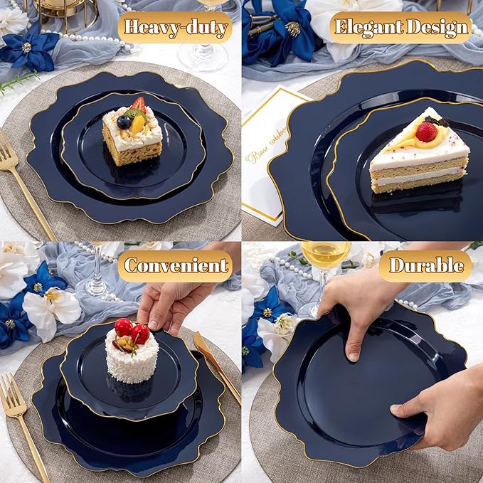 WDF 200pcs Blue Plastic Plates - Navy Blue Plates Disposable - Heavy Duty Plastic Plate for Weddings/Parties/Birthday/Graduation