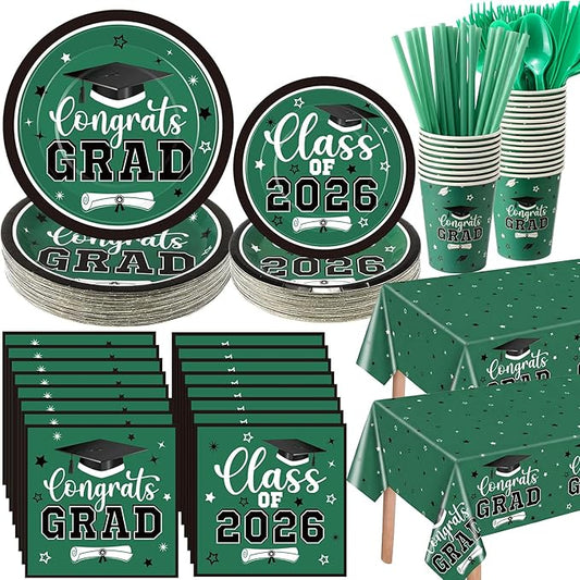 Funnymoom 452 Pcs Class of 2026 Green Graduation Party Decoration for 50, Green and Black Graduation Paper Plates Napkins Cups Tablecloth Cutlery Straws for College School Congrats Grad Party Supplies
