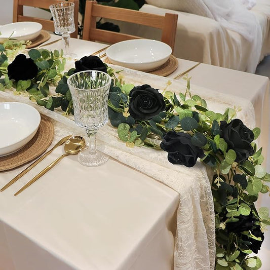1 Pack Artificial Garland Eucalyptus Vine with 12 Roses for Home Decor Wedding Table Runner Centerpiece DIY Wreath Decor (Black)