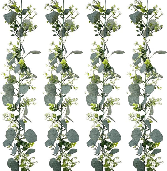 4 Pack Artificial Eucalyptus Garland with White Flowers,5.9FT Greenery Garland Fake Vines Hanging Green Garlands for Table Centerpieces Outdoor Festival Wedding Backdrop Arch Wall Decor