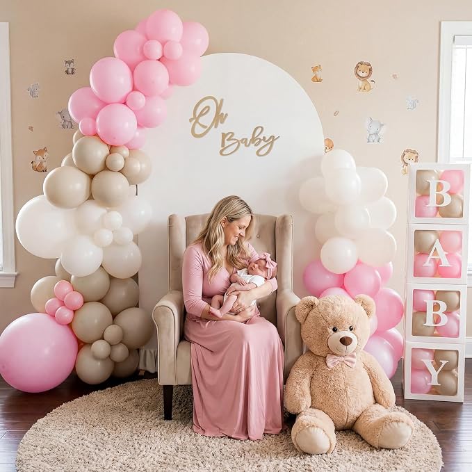 6.6FT Metal Arch Backdrop Stand and Cover Set, Pink Balloon Arch Kit, 153 Pcs Balloons, 4 Baby Shower Box, Letter Stickers, Clips for Baby Shower, Gender Reveal, Birthday, Wedding Decor