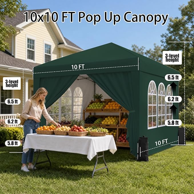 SANWAY 10x10 Pop Up Canopy with Sidewalls, Easy Setup Instant Canopy Tent, Portable with Carry Bag for Outdoor Events, Camping, and Backyard Parties – Dark Green