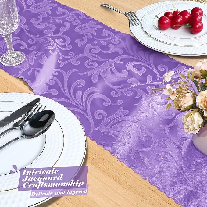 MILVOWOC 4 Pack Lilac Satin Table Runner, 12 x 72 Inch Jacquard Damask Table Runner Rectangle Bright Silky Decorative Table Runner for Party Banquet Birthday Dinner Wedding Table Decor