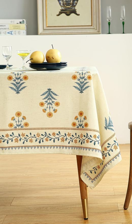 ISAENNE Designer French Linen Rectangular Tablecloth,71"x55"-Estevan A | Vintage Elegant Printed Table Cloth for Rectangle Table,Pale Yellow Floral Pattern,Decor,Dining Room,Kitchen,Thanksgiving