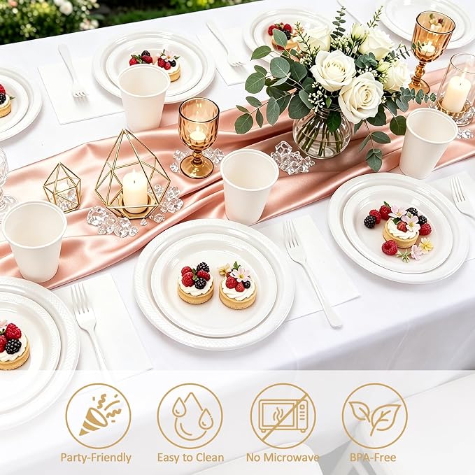 White Plastic Plates for Party,Disposable White Party Supplies,30 of Each 9" Dinner,7" Dessert Plate,Napkins,Cups,Forks and 1 Tablecloth Dinnerware for Birthday Wedding All Occasion