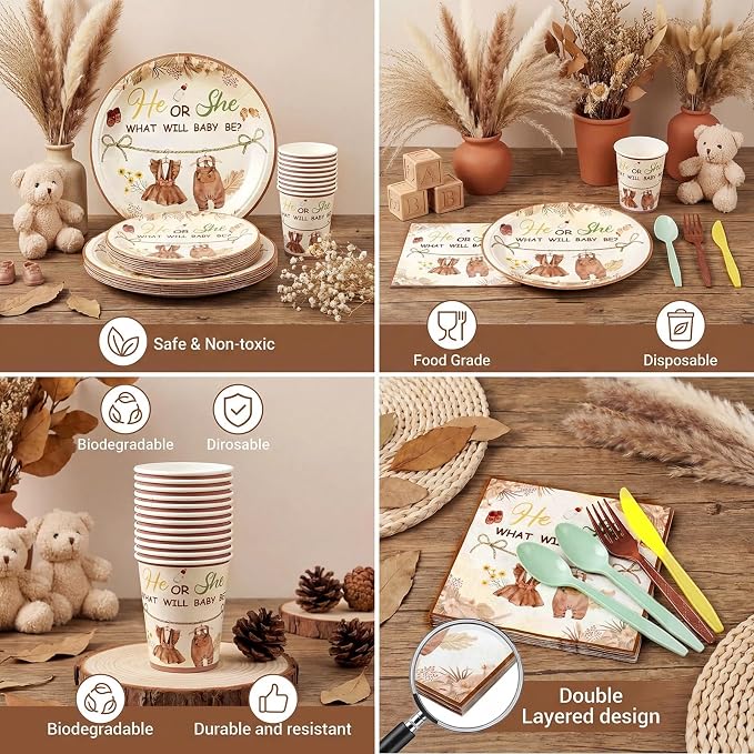 168 Pcs Boho Clothes Gender Reveal Party Favors Neutral Gender Reveal Plates and Napkins Sets He or She Baby Shower Party Supplies Disposable Tableware Set Serve 24
