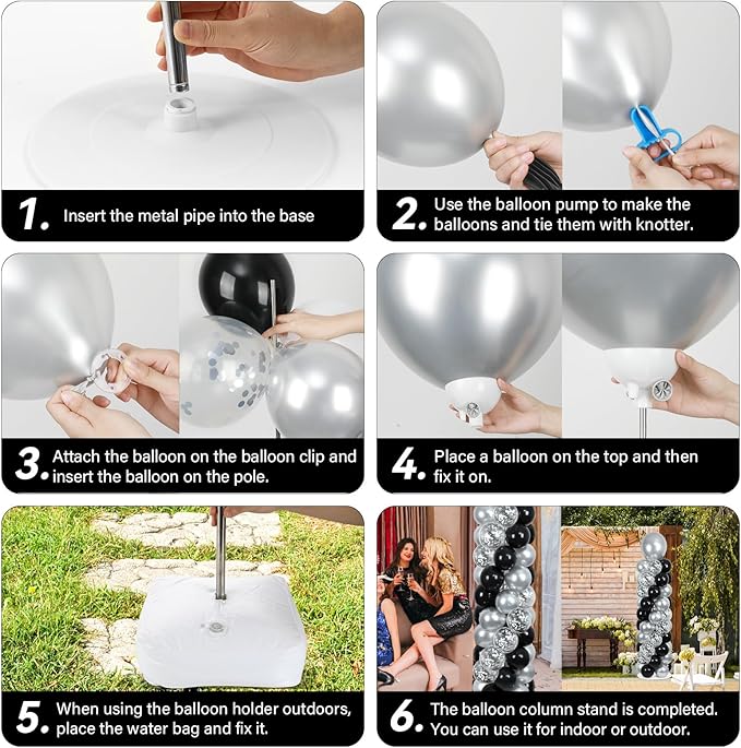 2 Sets Black and Silver Balloon Column Stand Kit with 100 Balloons Graduation Adjustable Tower Stand with Base for Floor Spring Mother's Day Column for Birthday Wedding Party Decor