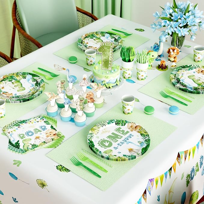Hombae One a Saurus Birthday Decorations, Dinosaur 1st Birthday Party Supplies with One-A-Saurus Tableware, Plates, Napkins, Hanging Swirls for Boys First Dino Theme Party, Serves 24