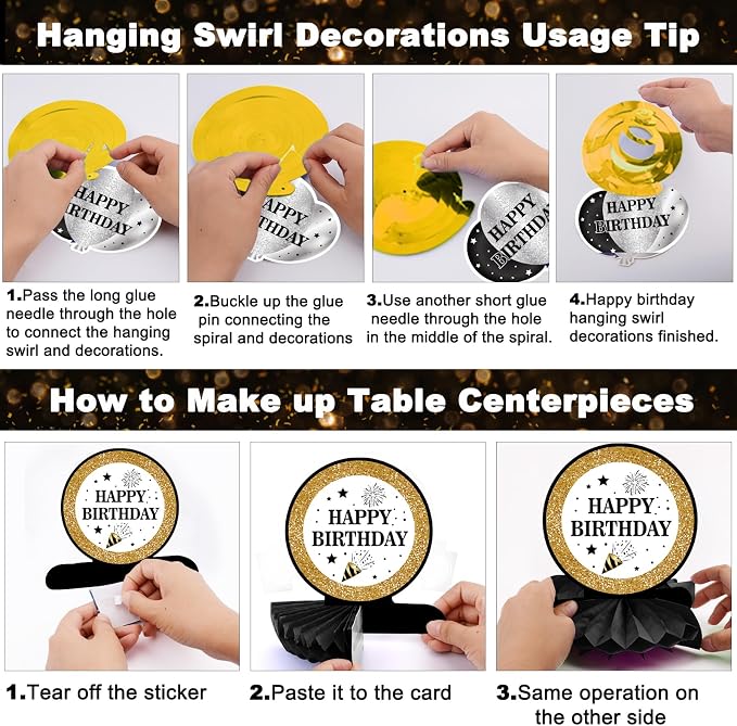 Black and Gold Birthday Decorations, Brithday Party Decorations for Men Boys Women Girls with Black Gold Happy Birthday Banner Decorations Tablecloth Backdrop Balloons Arch Bady Party Supplies
