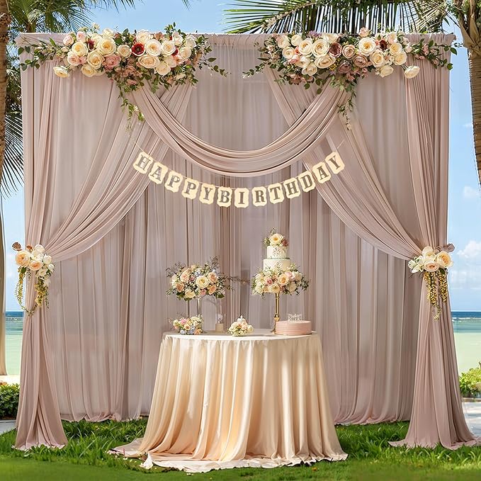 30ft x 10ft Taupe Backdrop Curtain Drapes, Wrinkle-Free Sheer Chiffon Fabric Photo Backdrop Panels for Wedding Arch Party Ceremony Stage Photo Backgrounds